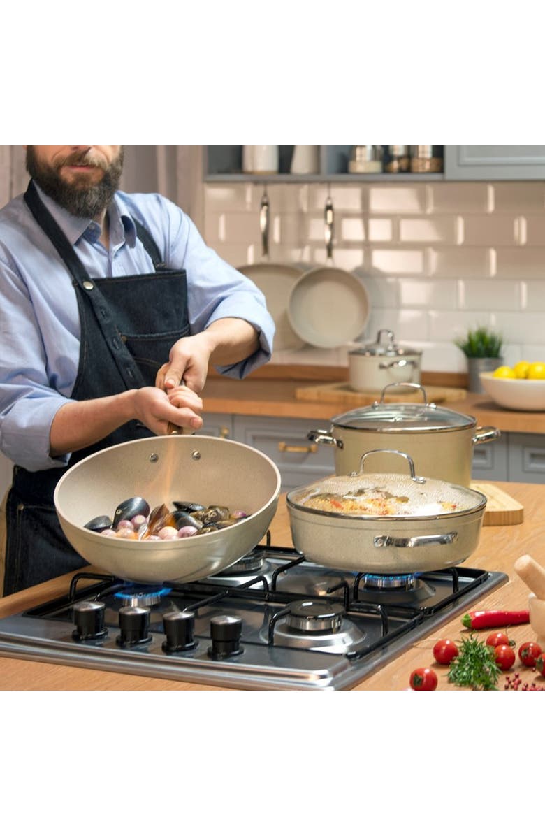 Korkmaz Granita 2.5 Liter Aluminum Nonstick Low Casserole with Lid, Alternate, color, Beige