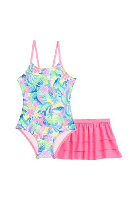 Little Girls X-Back One Piece Swimsuit with Ruffle Coverup Skirt 2-Piece Set