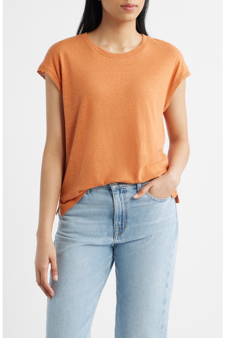 Crochet Cap Sleeve Tee, Main, color, ROASTED CARROT