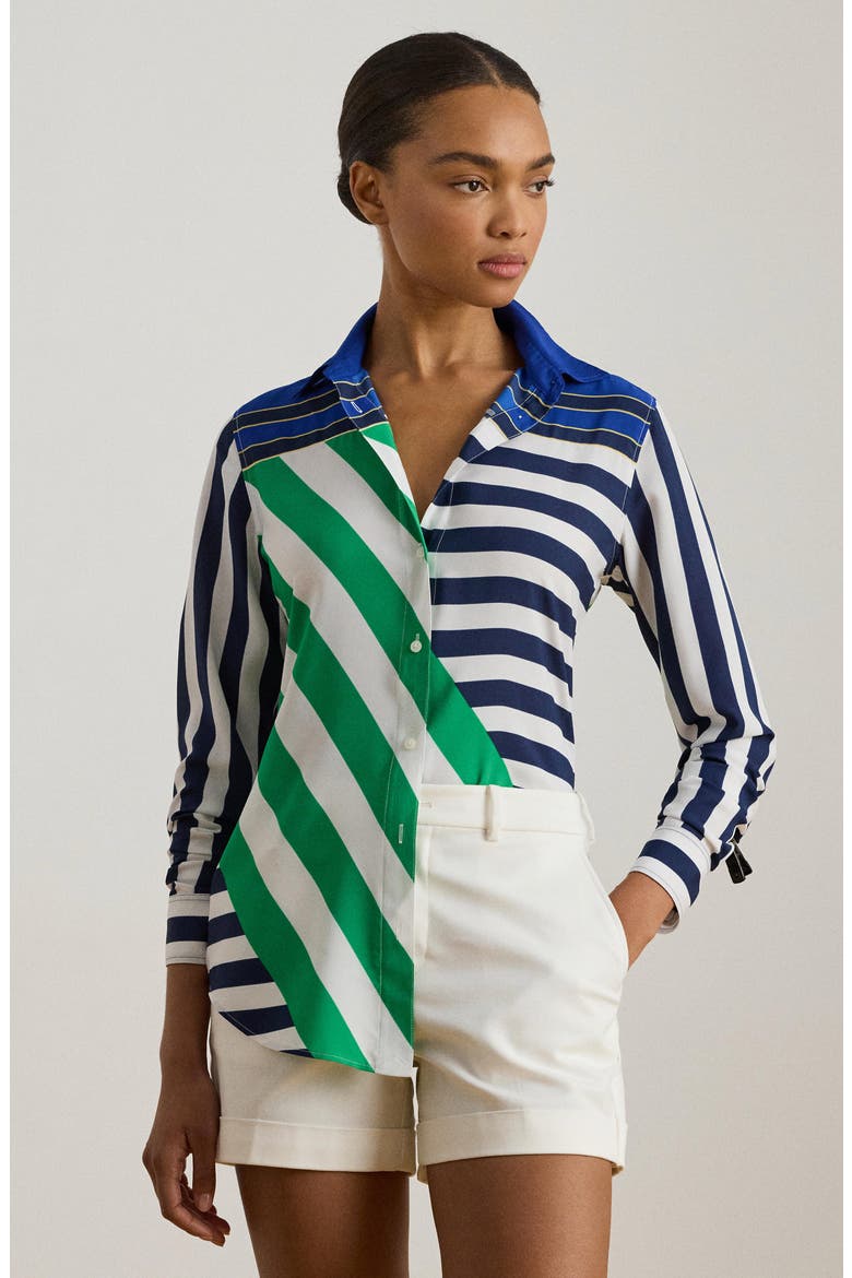Stripe Button-Up Blouse, Alternate, color, NAVY BLUE/ WHITE/ GREEN