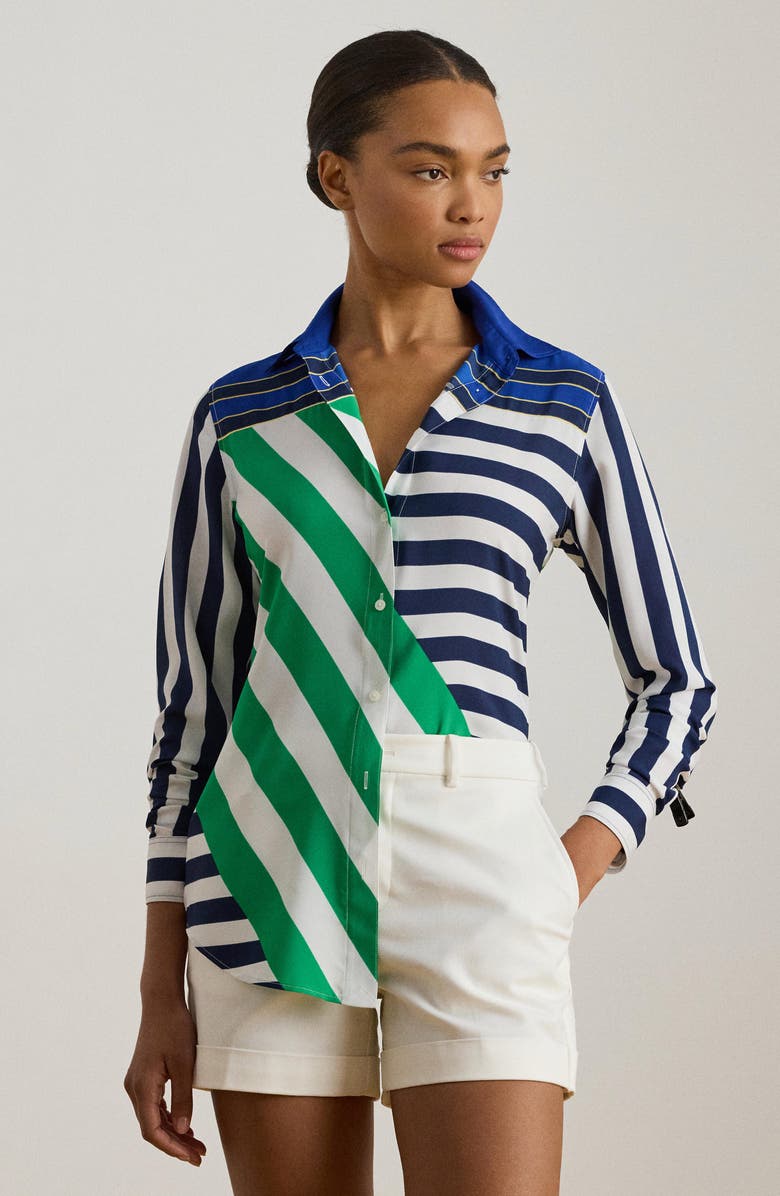 Lauren Ralph Lauren Stripe Button-Up Blouse, Alternate, color, Navy Blue/ White/ Green