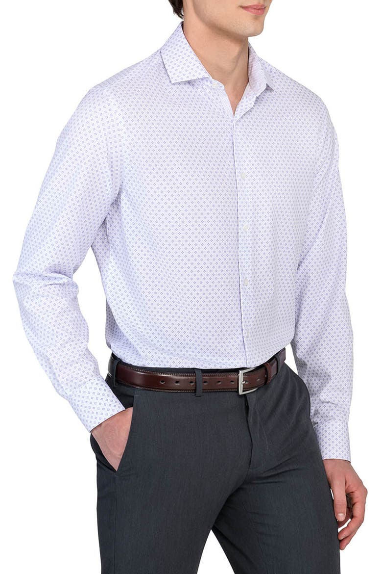 Slim Fit Double Diamond Print Performance Dress Shirt, Alternate, color, WHITE/ PURPLE