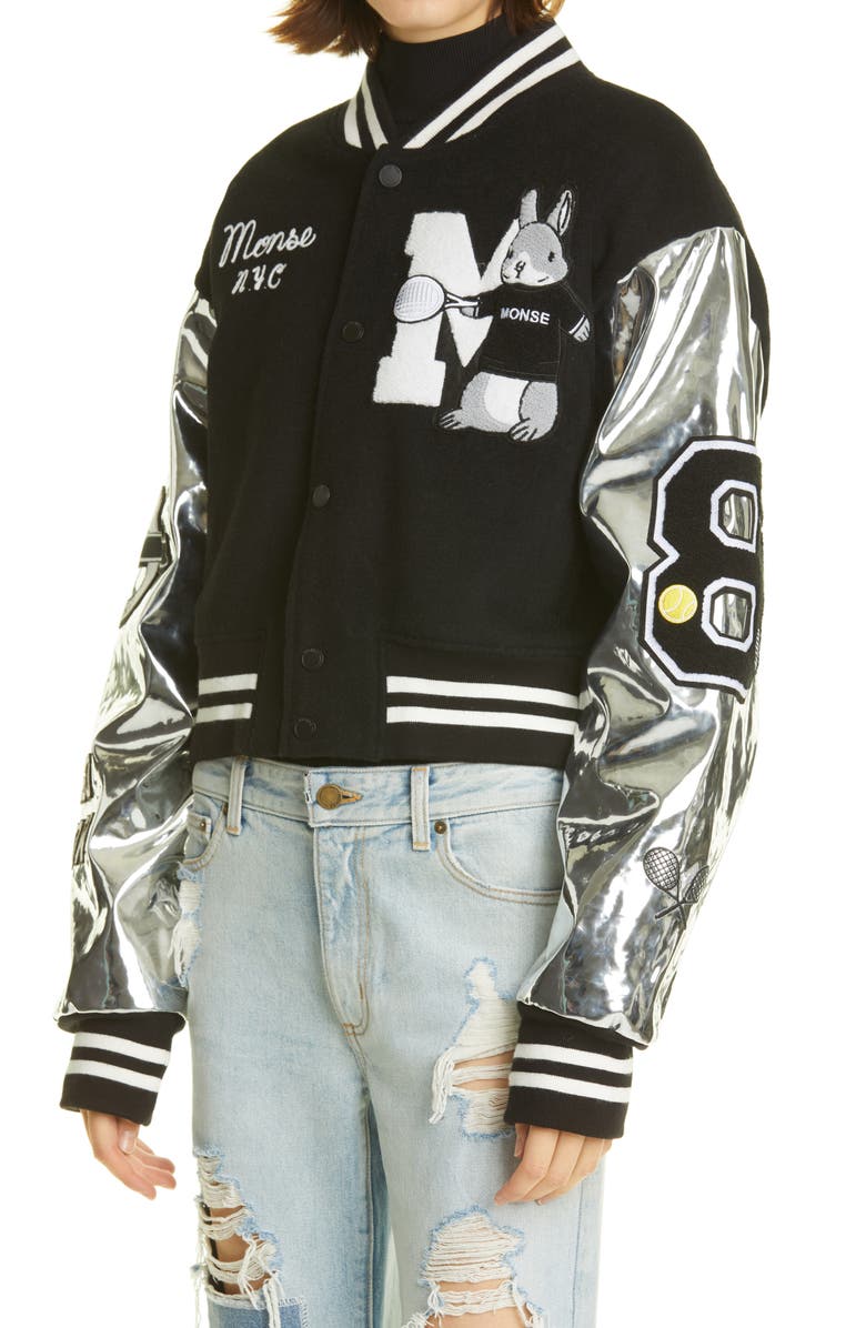 MONSE Mixed Media Crop Letterman Jacket, Alternate, color, 