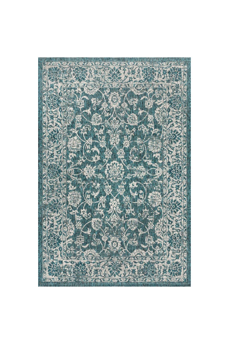 Tela Bohemian Textured Weave Floral Indoor/Outdoor Area Rug, Main, color, Teal/Gray