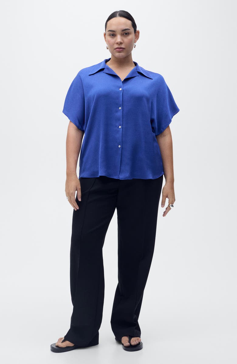 MANGO Short Sleeve Satin Button-Up Shirt, Alternate, color, Night Blue