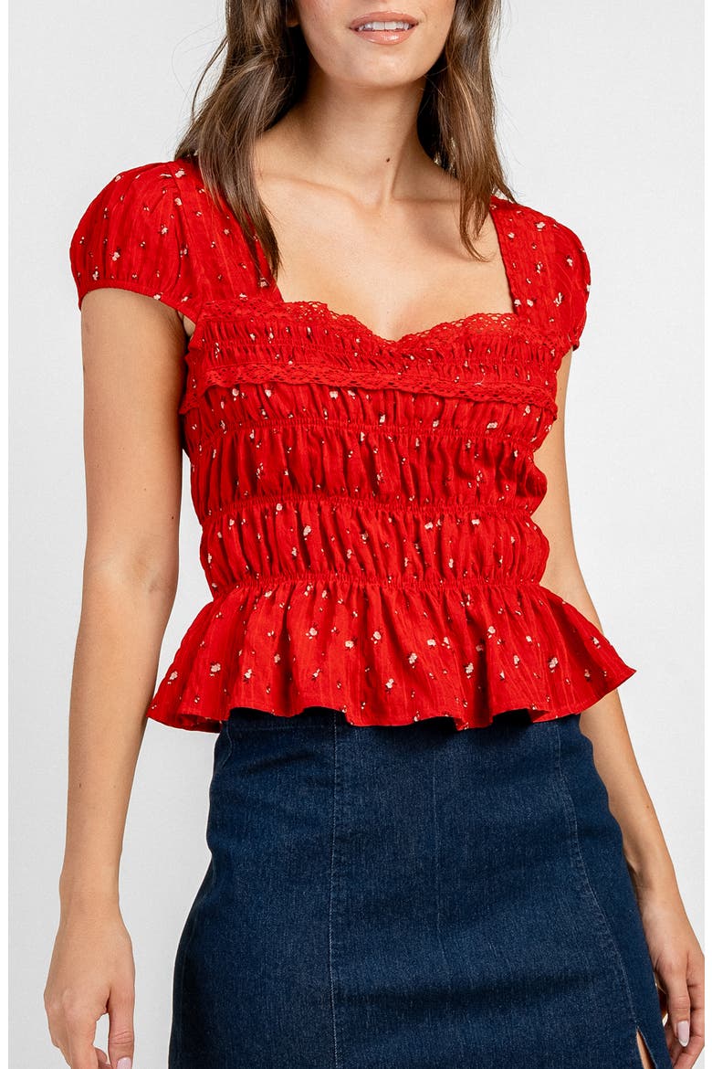 Ruched Bodice Printed Top, Alternate, color, RED