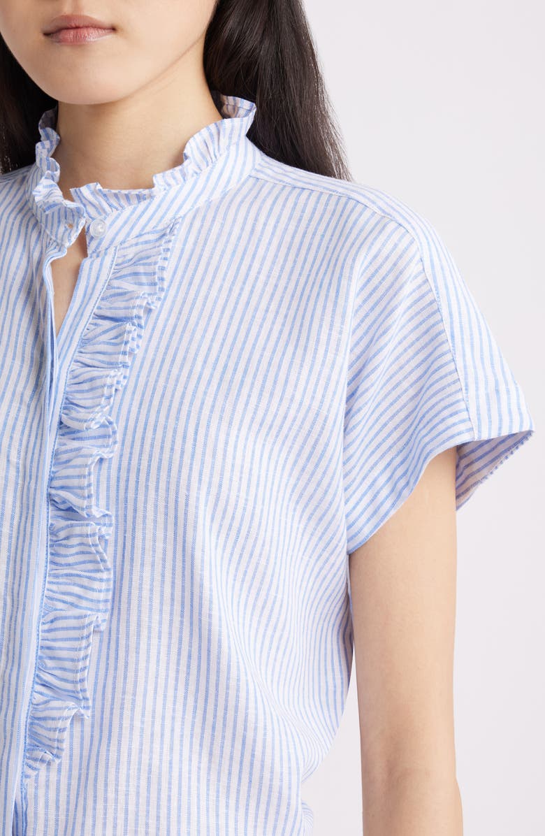 Anne Klein Pinstripe Ruffle Trim Linen Blend Button-Up Top, Alternate, color, Lagoon/ Crisp White