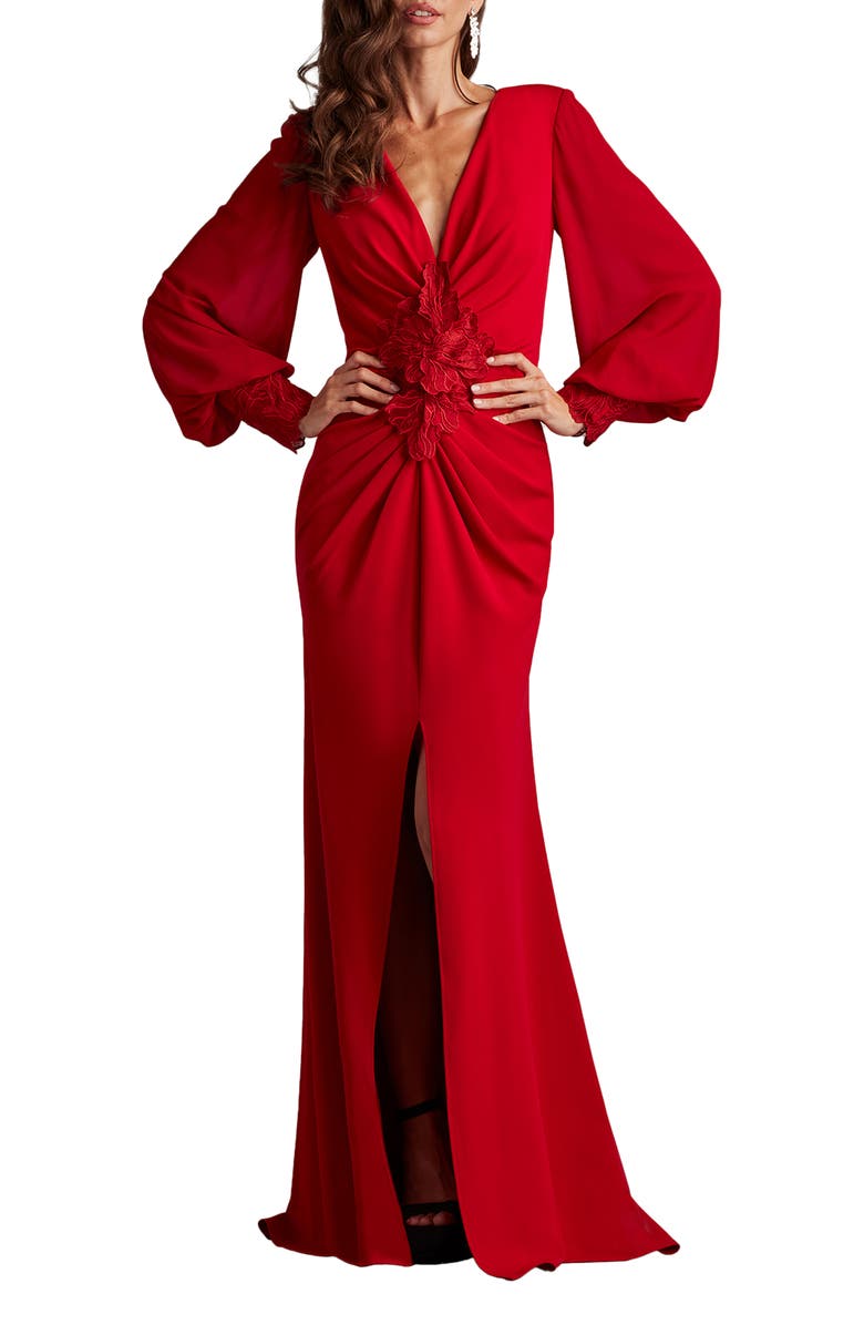 Tadashi Shoji Floral Detail Long Sleeve Crepe Chiffon Gown, Main, color, Cranberry