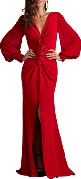 Tadashi Shoji Floral Detail Long Sleeve Crepe Chiffon Gown