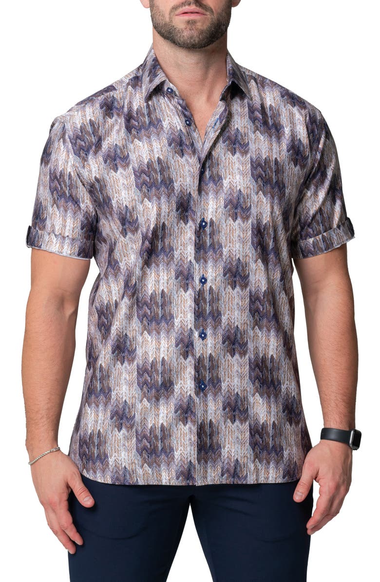 Maceoo Galileo Puddle Brown Stretch Short Sleeve Button-Up Shirt, Main, color, Brown