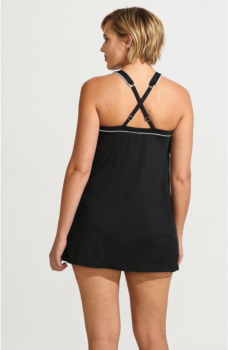 Lands' End Plus Size DD-Cup Chlorine Resistant High Neck Swim Dress One Piece Swimsuit Adjustable Strap, Alternate, color, Black/White