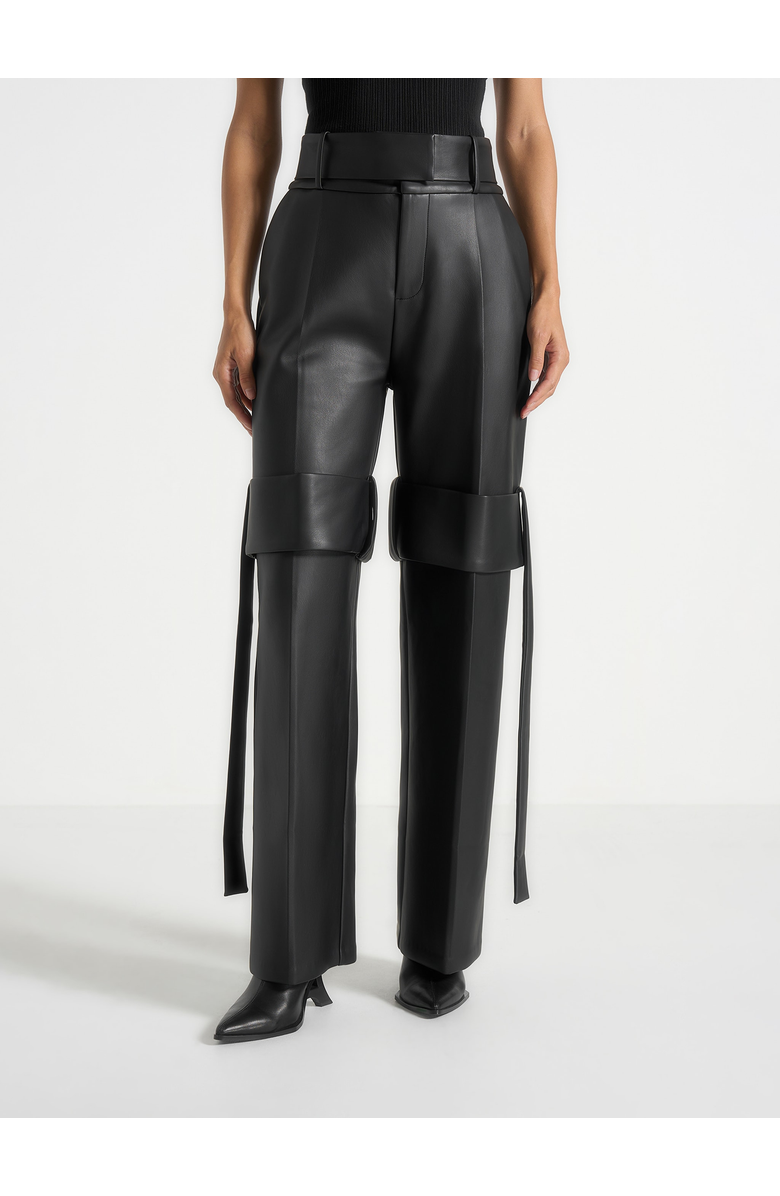 Manière De Voir Isabelle Leather Belted Strap Detail Trousers, Alternate, color, Black