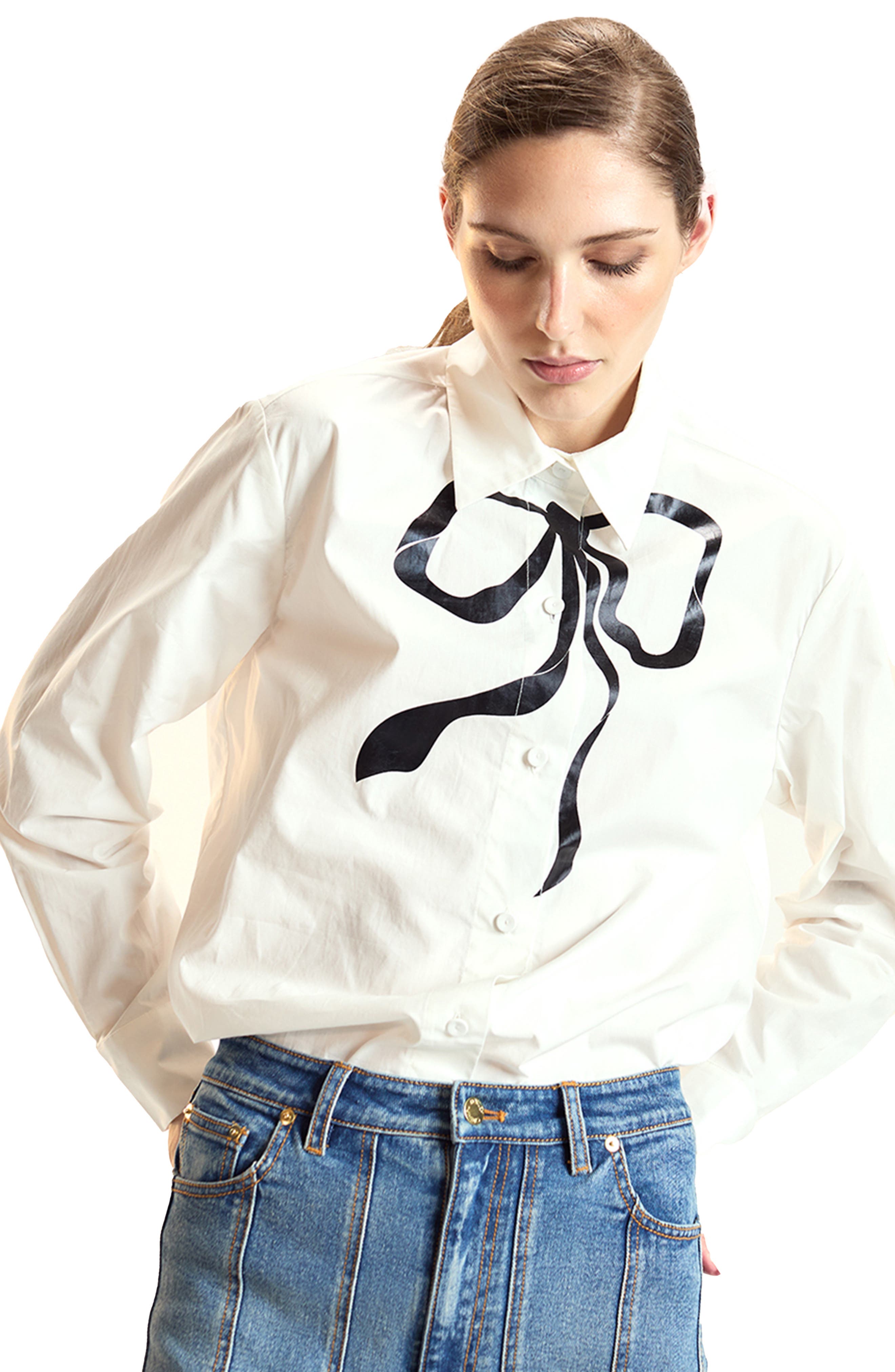 Cynthia Rowley Metallic Bow Cotton Shirt (Women) | Nordstrom