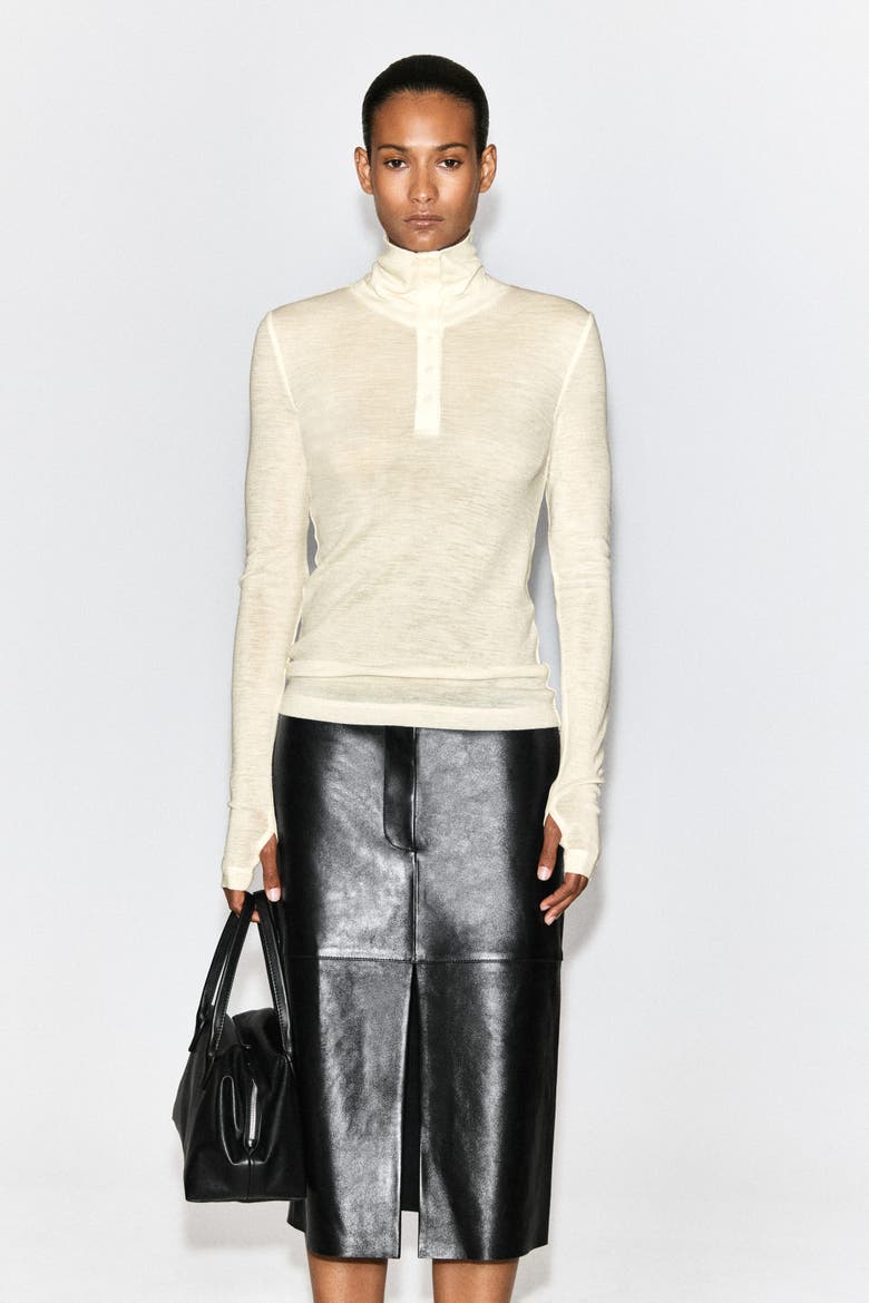 Merino Wool Buttoned Mock-neck Top, Main, color, IVORY