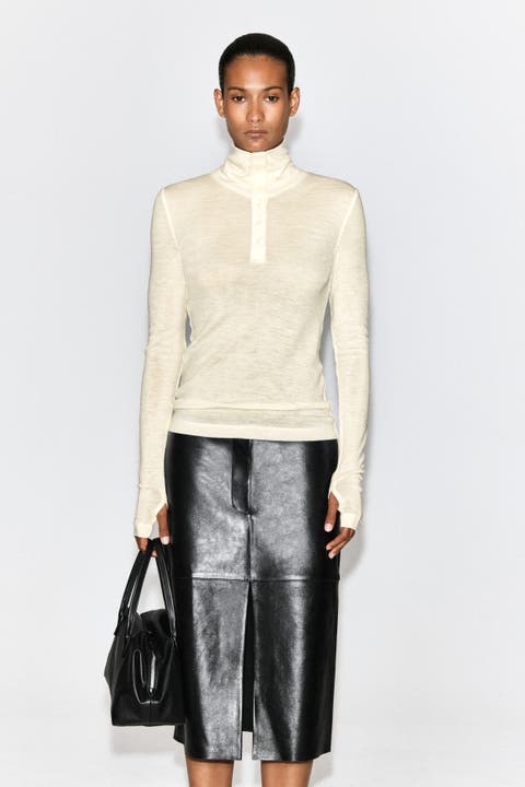 Merino Wool Buttoned Mock-Neck Top