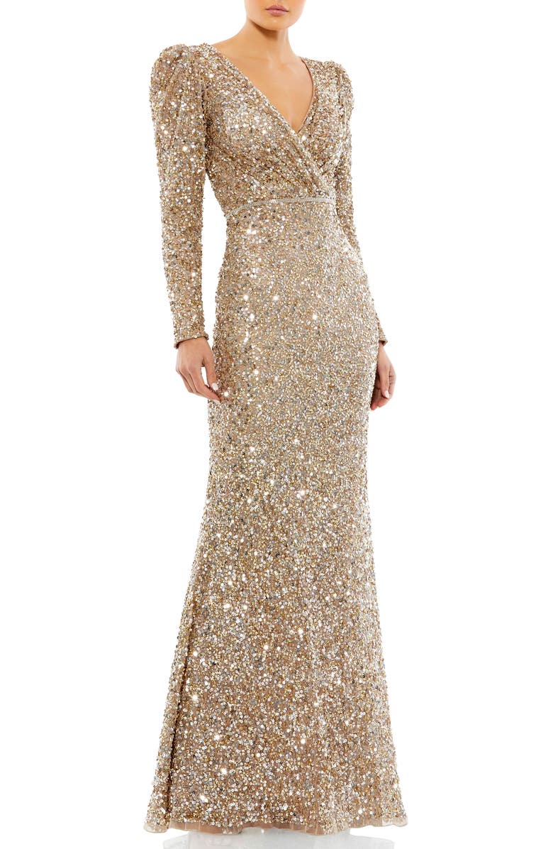 Mac Duggal Puff Shoulder Long Sleeve Sequined Surplice Gown, Main, color, Shimmering Gold