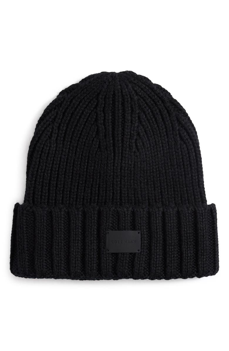 Cole Haan Classic Rib Cuff Beanie, Main, color, Caviar