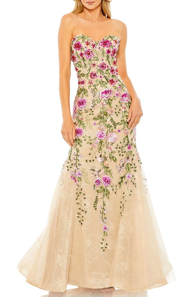 Mac Duggal Strapless Sheer Bustier Embroidered Mermaid Gown, Main, color, Pink Multi