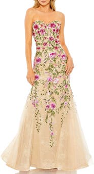 Mac Duggal Strapless Sheer Bustier Embroidered Mermaid Gown