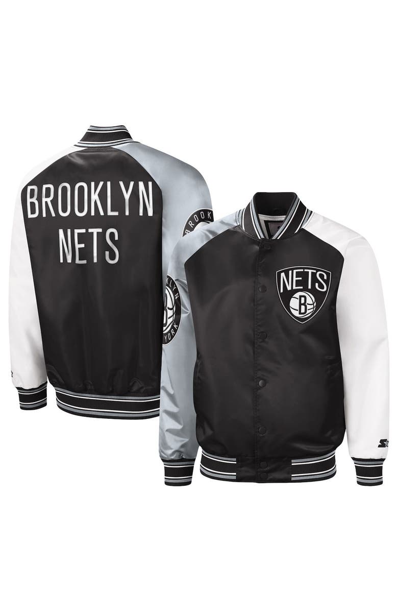 STARTER Men's Starter Black/Gray Brooklyn Nets Reliever Varsity Satin Raglan Full-Snap Jacket, Main, color, 