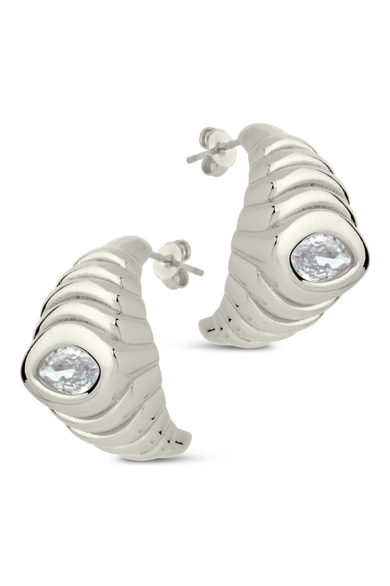 Cubic Zirconia Croissant Hoop Earrings, Alternate, color, SILVER