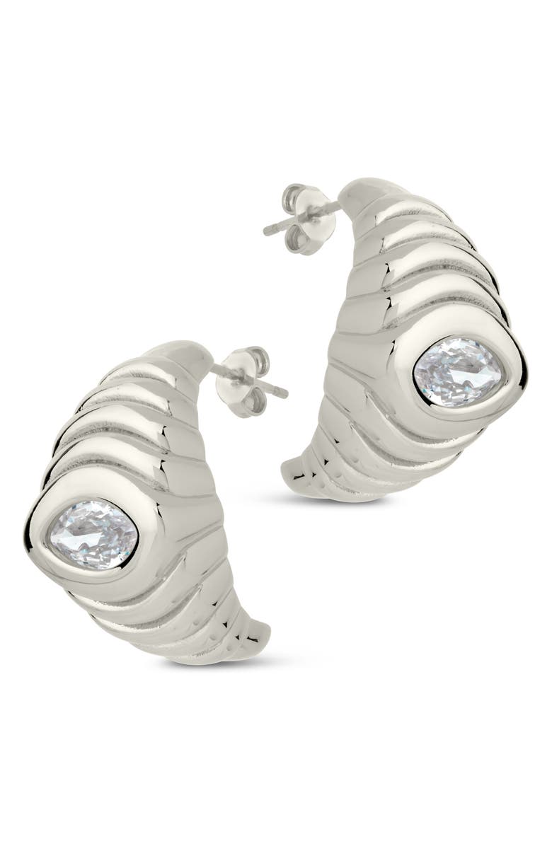 Sterling Forever Cubic Zirconia Croissant Hoop Earrings, Alternate, color, Silver