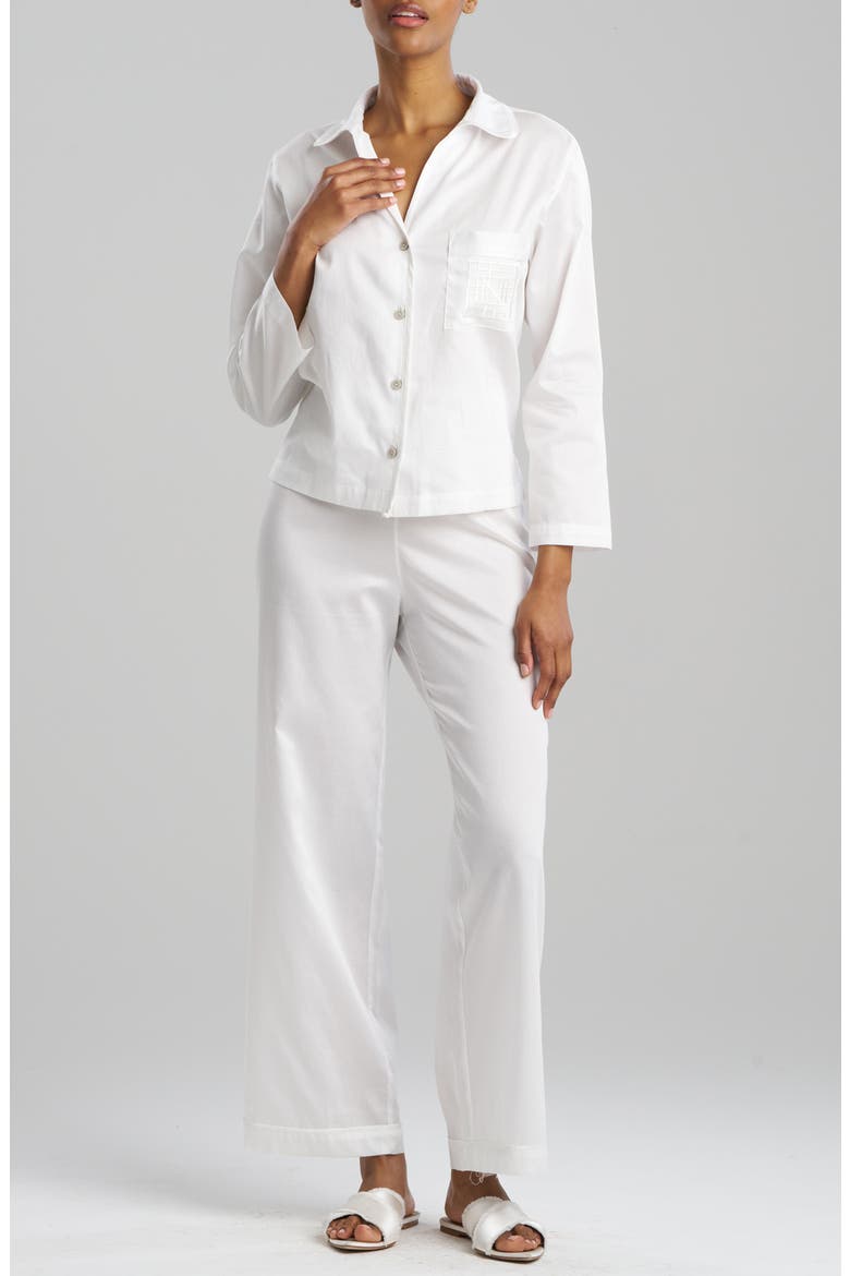 Embroidered Trim Cotton Sateen Pajamas, Main, color, WHITE