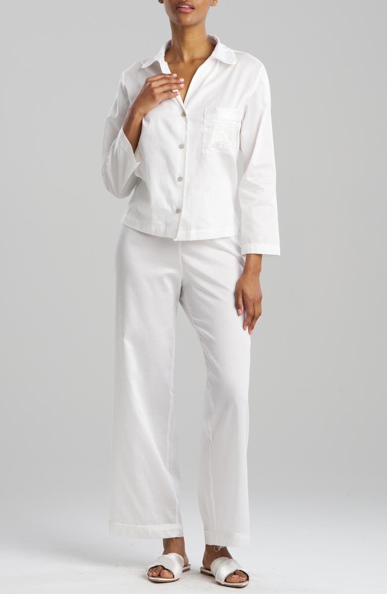 Natori Embroidered Trim Cotton Sateen Pajamas, Main, color, White