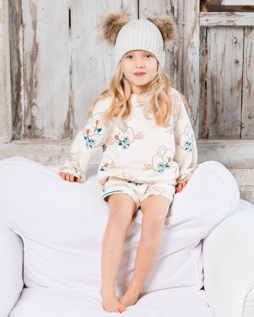Deux Par Deux Girl's Printed French Terry Short Off-white And Koala In Off-white And Koala