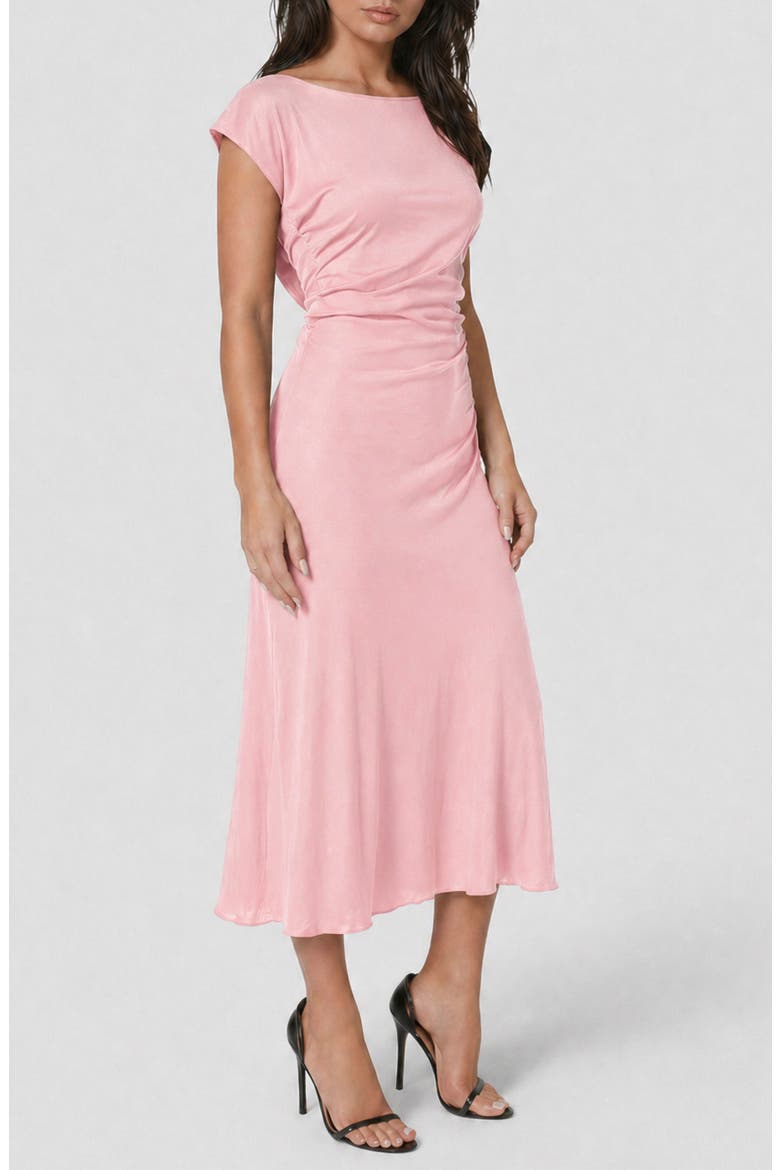 Crushed Satin Draped Back Midi Dress, Alternate, color, ROSE