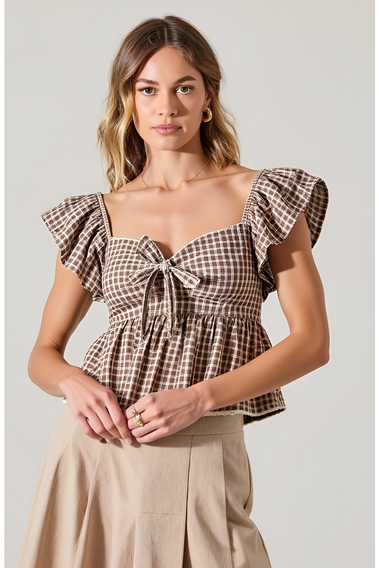 Gingham Peplum Top with Flutter Sleeves and Front Tie Detail, Main, color, Gingham