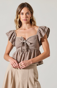 Modenaire Gingham Peplum Top with Flutter Sleeves and Front Tie Detail