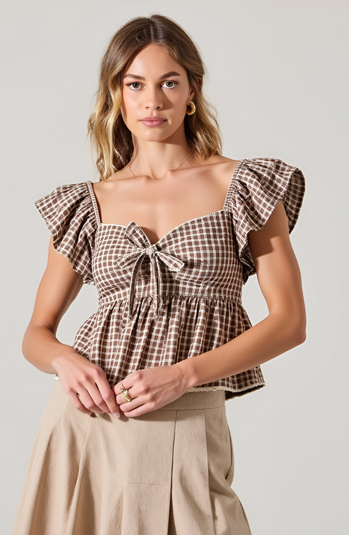 Modenaire Gingham Peplum Top With Flutter Sleeves And Front Tie Detail In Brown