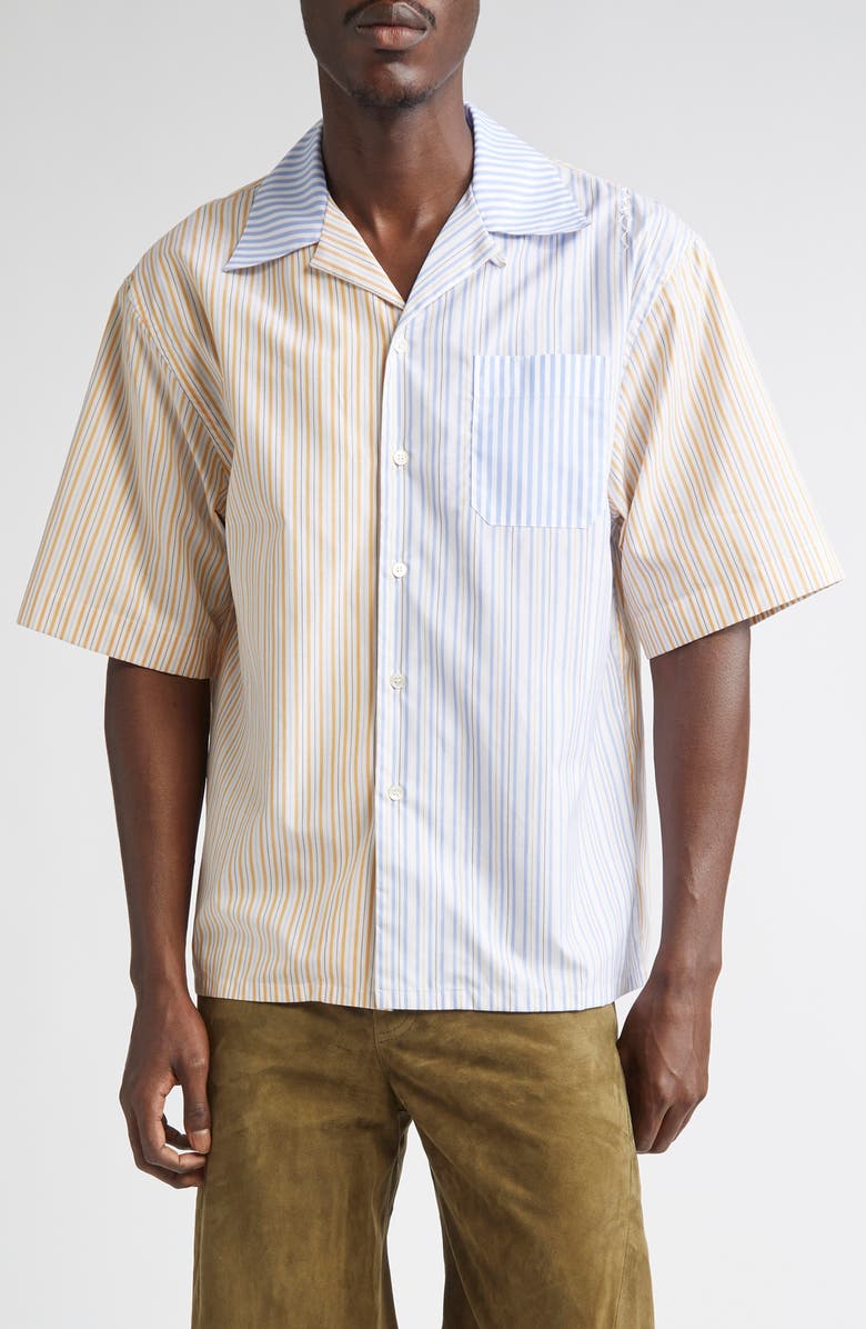 Marni Mending Logo Stripe Organic Cotton Poplin Camp Shirt, Main, color, Multicolor