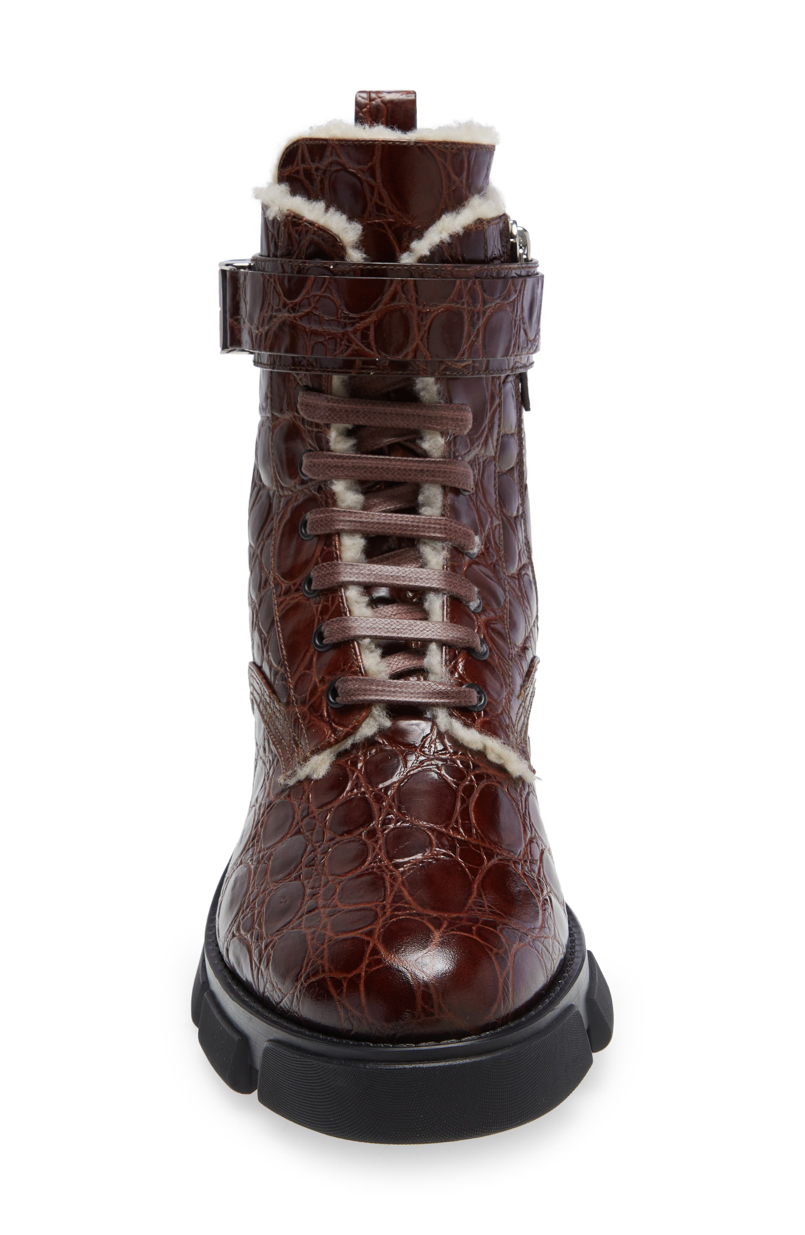 Terra 4G Buckle Faux Shearling Lined Combat Boot, Alternate, color, DARK BROWN