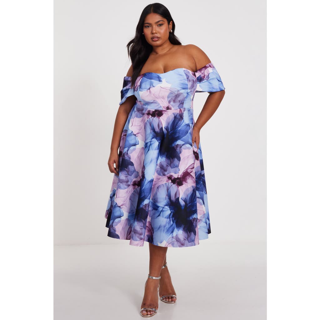 Quiz Plus Size Scuba Knit Floral Print Bardot Midi Skater Dress In Blue