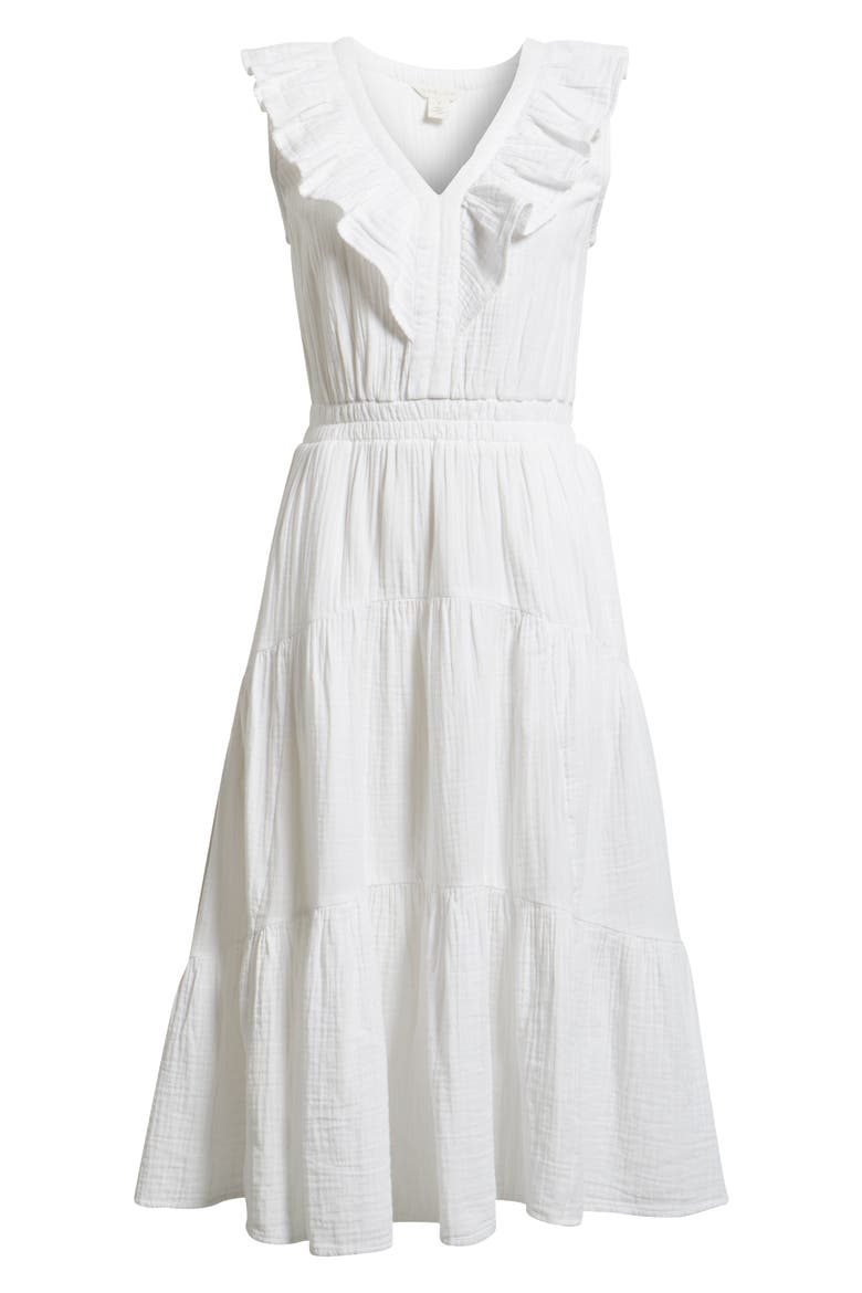 Ruffle Sleeveless Tiered Cotton Midi Dress, Alternate, color, WHITE