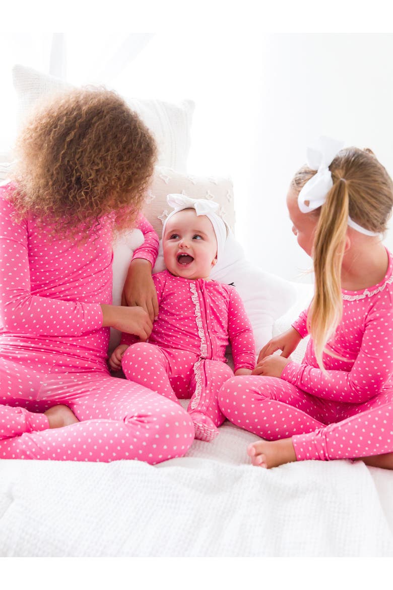 SoftSnooze Baby Girls Ruffle One Piece Footie Pajamas, Alternate, color, Hot Pink Heart Polka Dot