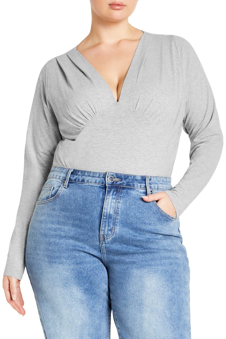 Amelia Pleated Long Sleeve Stretch Cotton Bodysuit, Main, color, GREY MARLE