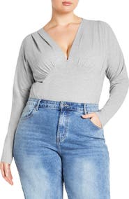 City Chic Amelia Pleated Long Sleeve Stretch Cotton Bodysuit