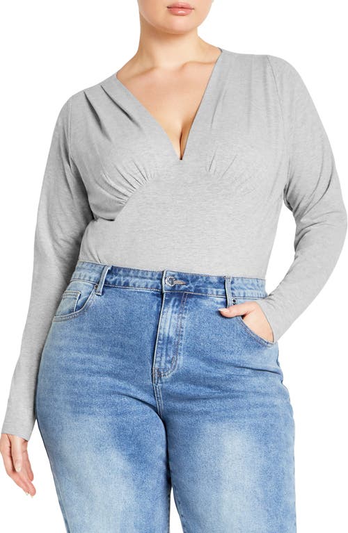 City Chic Amelia Pleated Long Sleeve Stretch Cotton Bodysuit In Gray