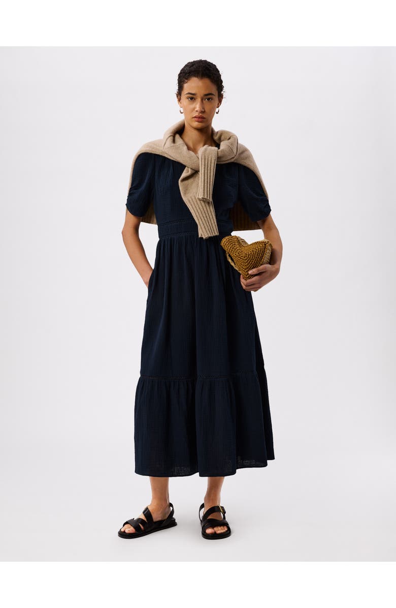 Whistles V-Neck Textured Midi Dress, Alternate, color, Navy