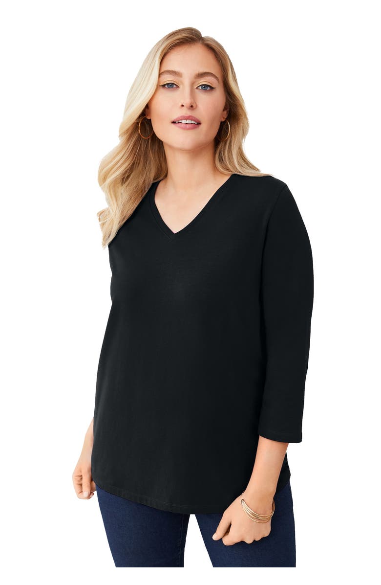 Jessica London Stretch Cotton V-Neck Tee, Main, color, Black