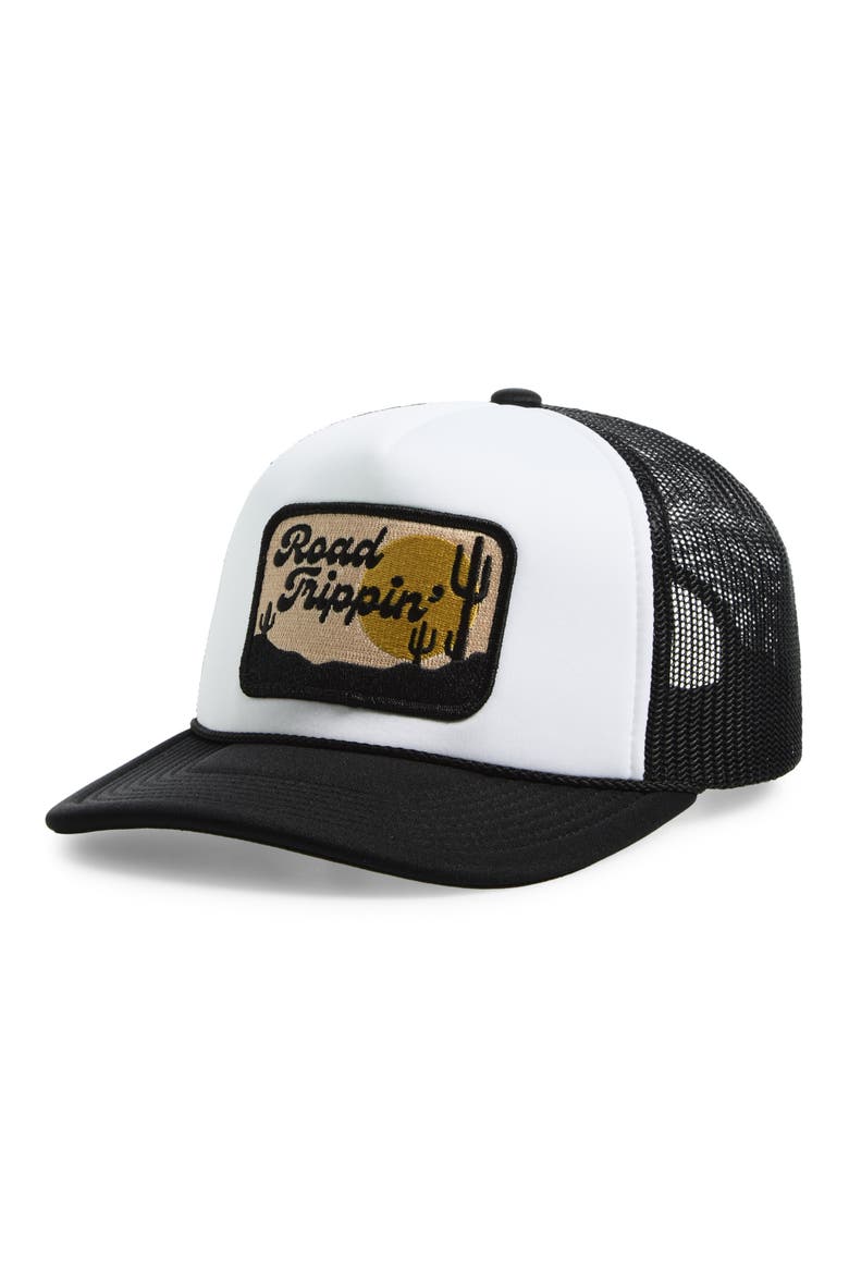 Road Trippin' Patch Snapback Trucker Hat, Main, color, BLACK/ WHITE