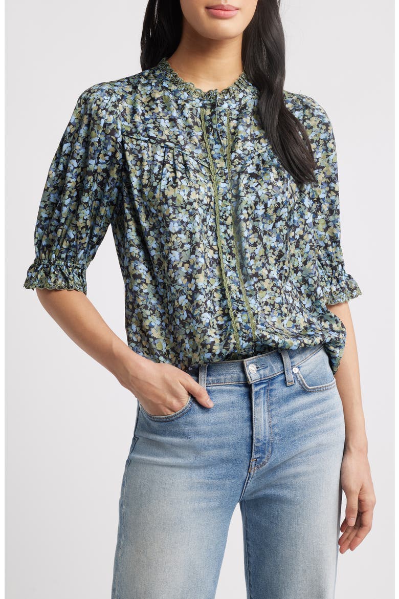 Print Ruffle Eyelet Shirt, Main, color, BLACK/ DEEP SEAGRASS MULTI