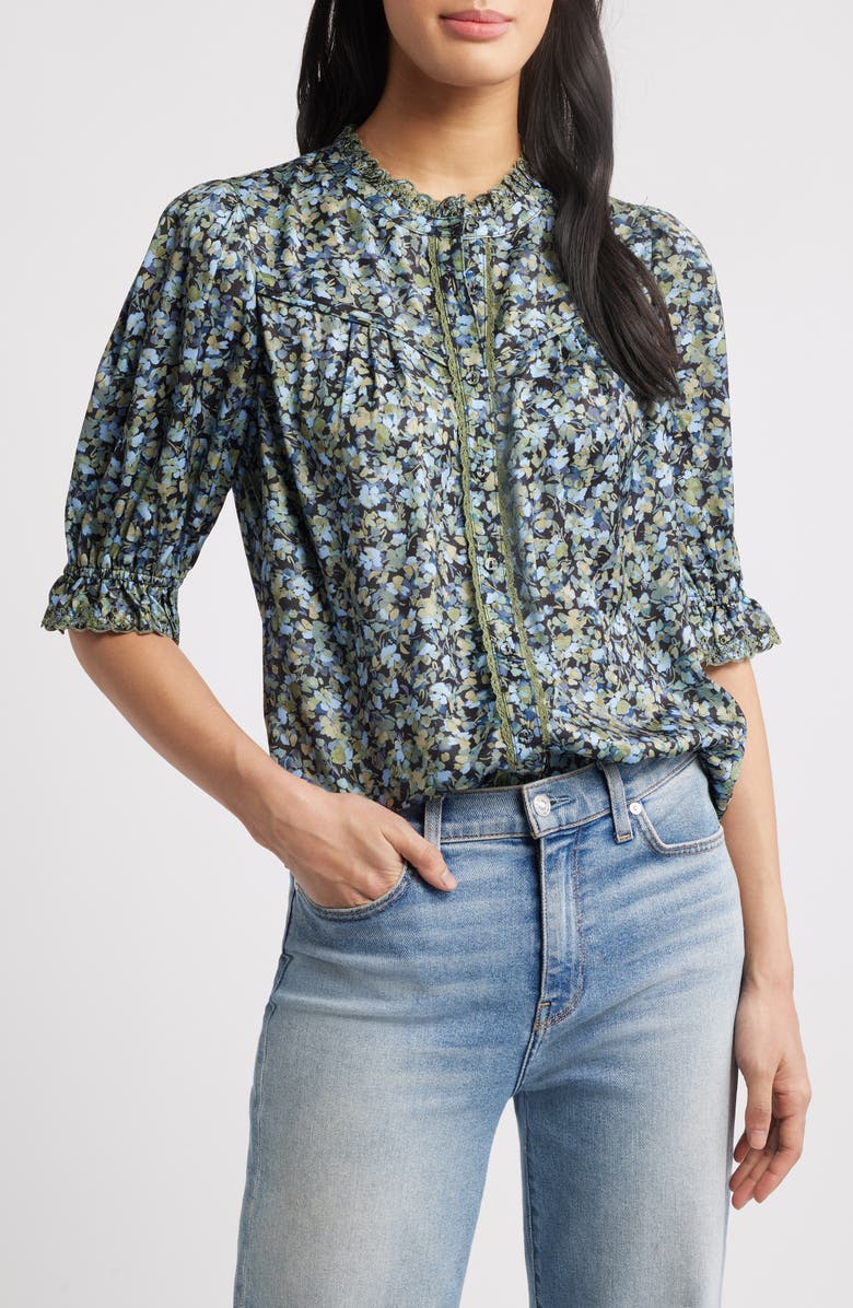 Wit & Wisdom Print Ruffle Eyelet Shirt, Main, color, Black/ Deep Seagrass Multi