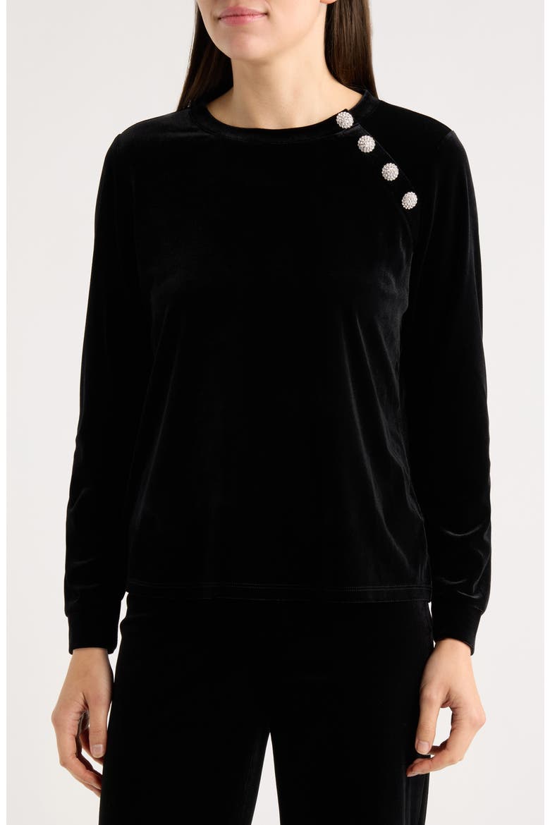 Embellished Button Velvet Top, Main, color, BLACK MULTI