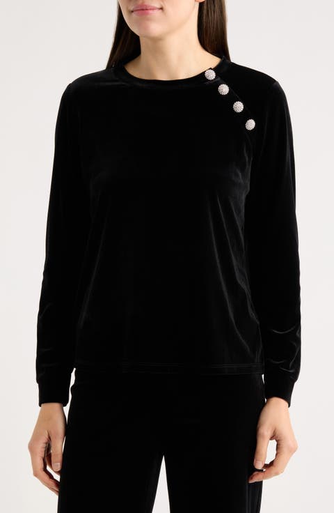 Embellished Button Velvet Top