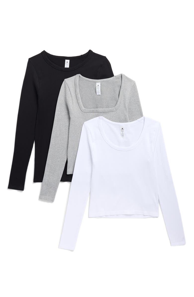 90 DEGREE BY REFLEX Assorted 3-Pack Leighton Rib Seamless T-Shirts, Main, color, Heather Grey/ White/ Black