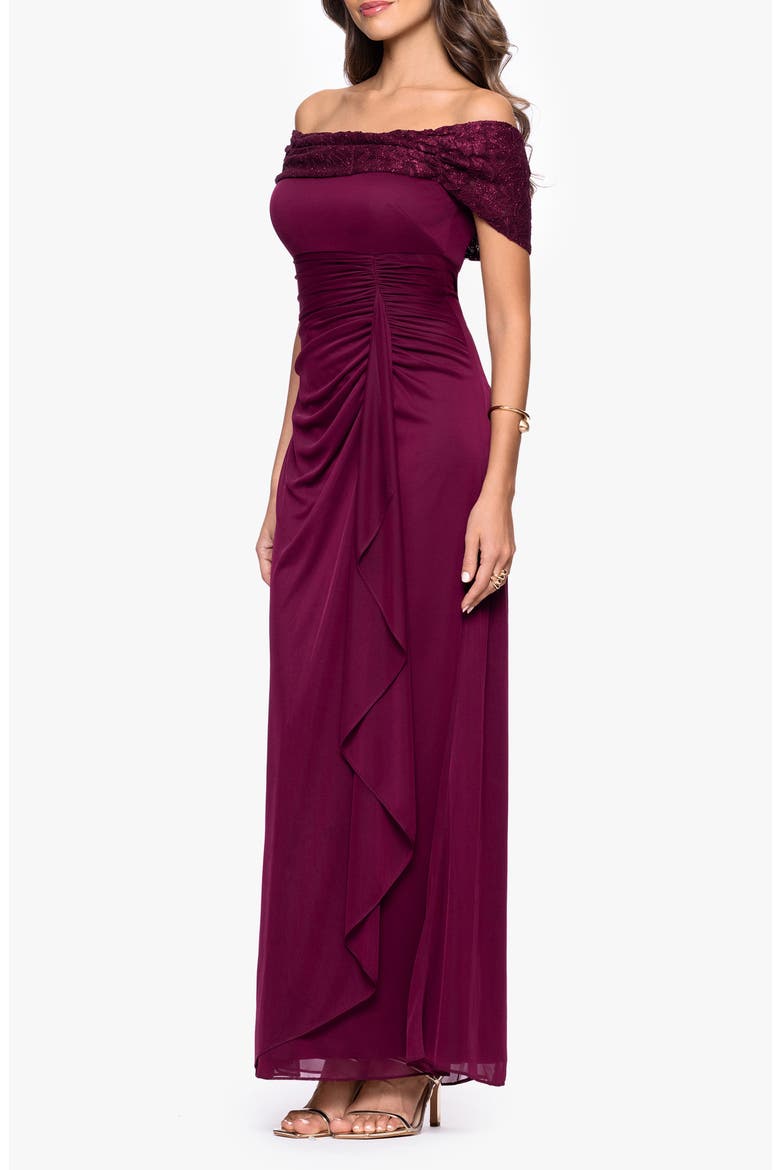 Glitter Lace Off the Shoulder Gown, Alternate, color, WINE